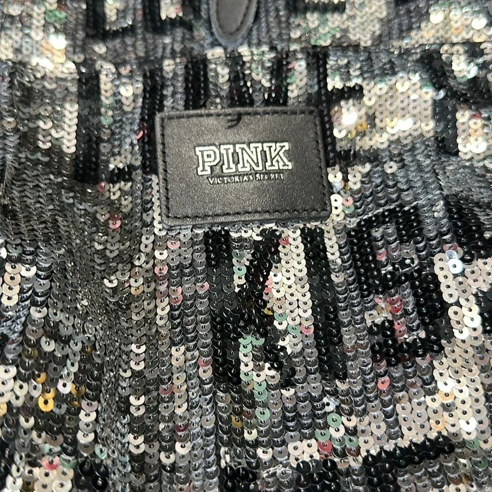 Y2k Victoria's Secret PINK Sequin Bling Backpack Book Bag Travel Silver Black